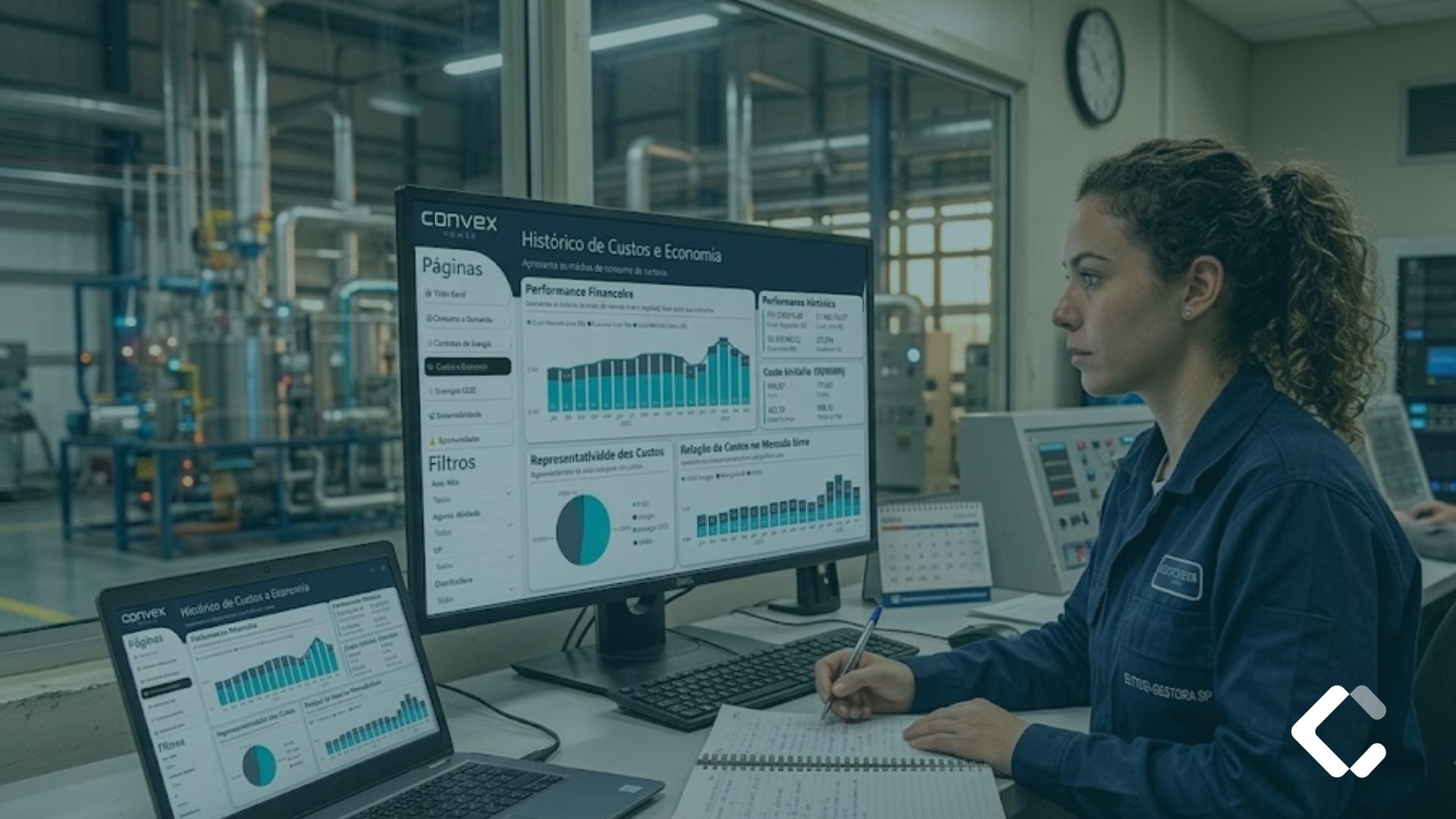 Plataforma digital exibindo gráficos de gestão e controle de energia elétrica